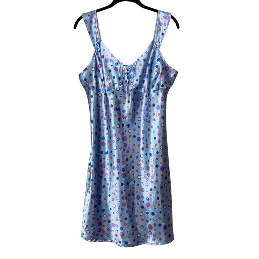 Vintage Chanteuse Blue Satin Polkadot Babydoll Slip Dress Size M
